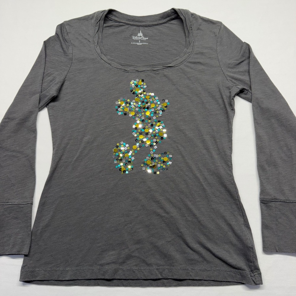 Disney Parks Mickey Mouse Sequin Top S Gray Womens Long Sleeve Slub Scoop Neck